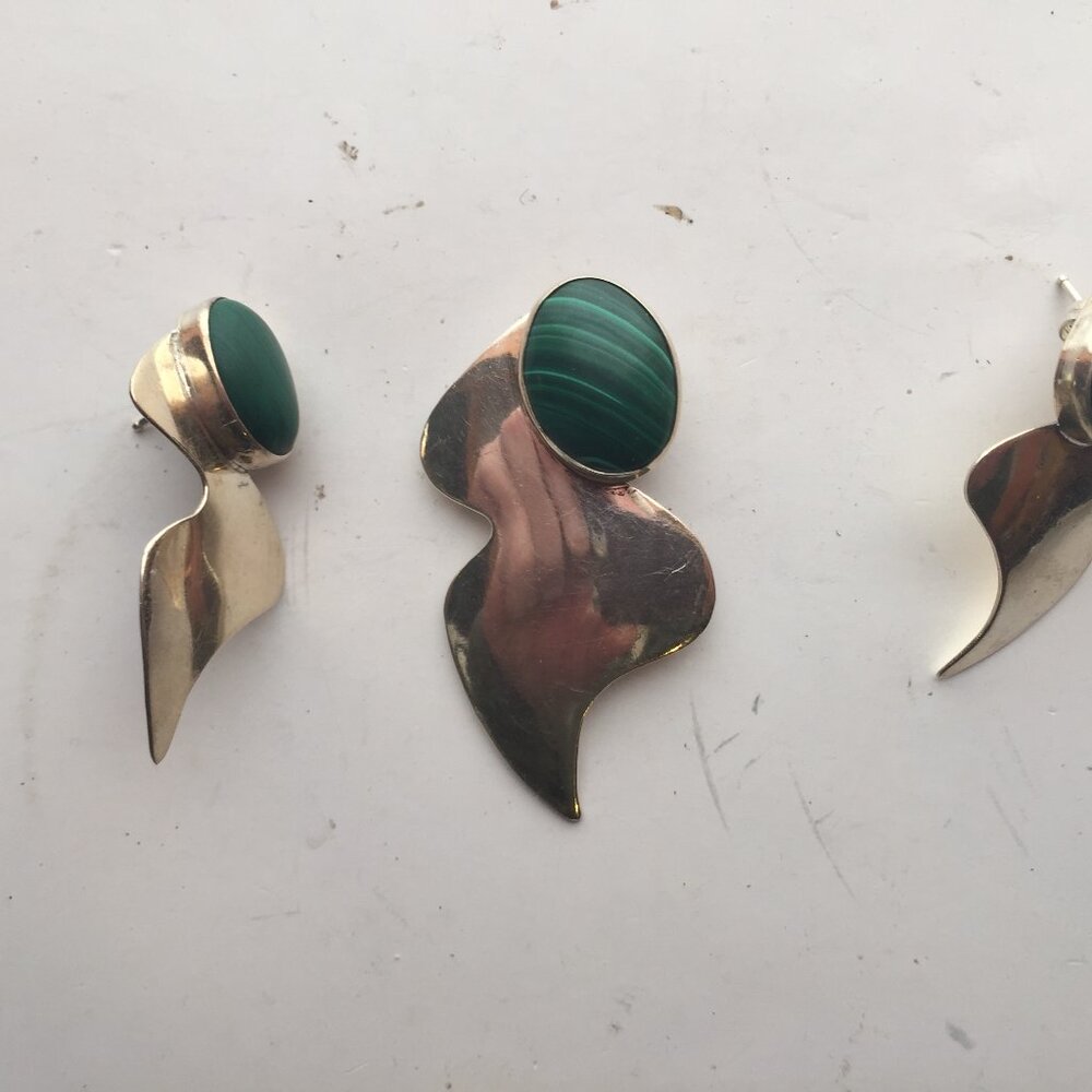 Malachite and Sterling Broach Pin and Earrings ~ one-of-a-kind set ~